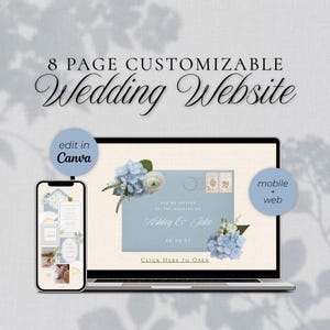May include: An 8-page customizable wedding website template displayed on a laptop and smartphone screen. The design features light blue accents, floral illustrations, and the text "You're invited to the wedding of Ashley & Jake" with a "Click Here to Open" button.