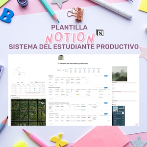 May include: A digital Notion template titled Plantilla Notion Sistema del Estudiante Productivo, displayed on a white sheet surrounded by colourful pens, highlighters, and star-shaped cutouts on a light pink background for student organisation.