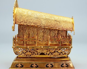 Chinese Gilt Bronze Casket, Antique Gold Plated Treasure Box, Wealth & Promotion Symbol, Gemstone Encrusted Chest, Prosperity Home Decor
