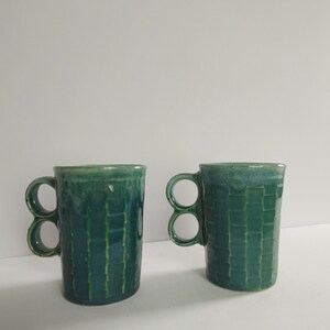 Vintage Japanese Pottery Mugs | Blue Green Drip Glaze, Double-Loop Handles (Set of 2)