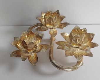 Vintage Gold Tone Lotus Flower Triple Candle Holder | Hollywood Regency Centerpiece