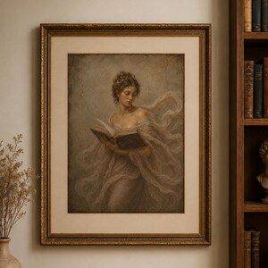 May include: A framed wall art print featuring a painting of a person with curly hair draped in flowing, sheer fabric, holding an open book. The artwork is encased in an ornate, antique gold-toned frame with a wide, cream-colored matting border.