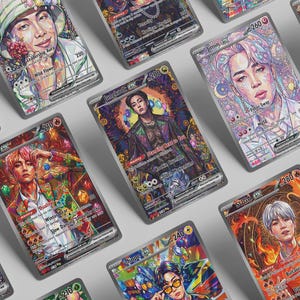 May include: A collection of rectangular trading cards featuring vibrant, stylized portraits of individuals. Each card displays unique artwork, character names like Jungkook, Jimin, and Suga, numerical values, and text labels in a layout resembling a game card.