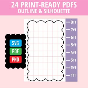 May include: A digital graphic featuring 24 print-ready PDFs, outlines, and silhouettes. It displays a scalloped rectangular grid with a vertical scale from 1ft to 8ft. A black scalloped badge lists SVG, PDF, and PNG file formats. Text reads hello print express.