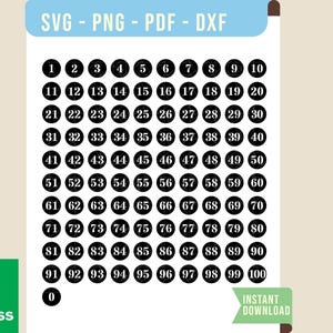 Puede incluir: Un conjunto de archivos digitales con una cuadrícula de círculos negros, cada uno con un número blanco del 1 al 100, más un 0. El encabezado muestra el texto SVG - PNG - PDF - DXF, y en la esquina inferior izquierda dice hello print express.