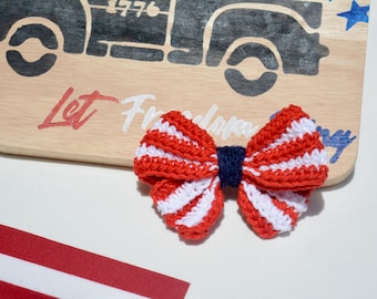 Crochet American Flag Bow Hair Clip,  Red White & Blue Hair Bow, Fourth of July Accessory, Team USA Fan, Patriotic Hair Clip