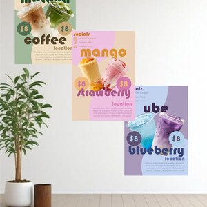 May include: Three rectangular posters featuring beverage menus. The first shows matcha and coffee, the second mango and strawberry, and the third ube and blueberry drinks. Each poster includes social media icons, price tags of $8, and text.