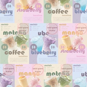 Könnte beinhalten: Werbegrafik mit verschiedenen bunten Getränken, darunter Mango, Erdbeere, Kaffee, Blaubeere und Matcha. Jedes Getränk wird mit einem Preis von 8 $ und dem Wort "location" angezeigt. Der Text "chili guava studios" ist ebenfalls vorhanden.