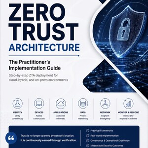 May include: A blue and white graphic promoting "Zero Trust Architecture." The image includes text about cybersecurity, implementation guides, and a shield icon with a lock. It also features the author's name and the year 2026.