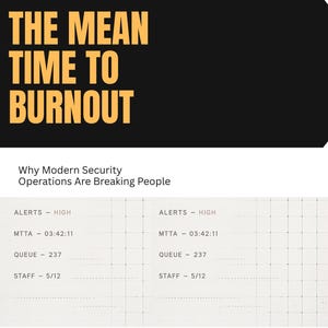 May include: A book cover with a black background and orange text. The title reads "THE MEAN TIME TO BURNOUT." Below the title is the subtitle "Why Modern Security Operations Are Breaking People." The author's name is Alaba Adeyemi.