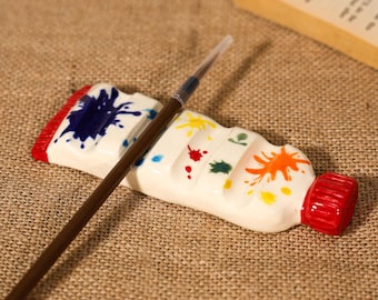 Custom Paint Splash Tube Ceramic Brush Rest Handmade Handpainted Underglaze Pottery Bold Color Desk Holder Painter Gift Studio Tool Art Gift