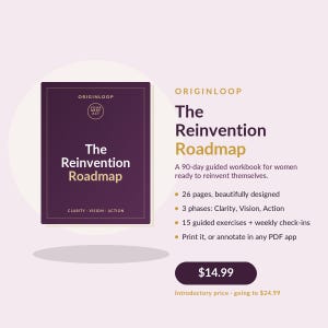 Può includere: Un quaderno di esercizi viola scuro intitolato The Reinvention Roadmap di Originloop. La copertina riporta il testo Your Next Act, Clarity, Vision, Action. La descrizione elenca 26 pagine, 3 fasi, 15 esercizi guidati e check-in settimanali.