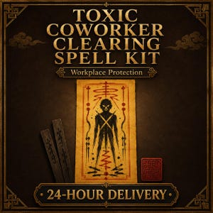 May include: A kit featuring a rectangular card with a black ink illustration of a figure, two dark wooden sticks with etched markings, and a small red square tile. The text reads TOXIC COWORKER CLEARING SPELL KIT, Workplace Protection, 24-HOUR DELIVERY.