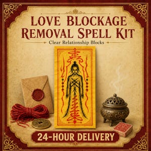 May include: A Love Blockage Removal Spell Kit featuring a central yellow card with a black and red figure illustration, a brown envelope with a red wax seal, red twine, a round coin, a small metal incense burner, and a square red stamp.