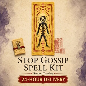 May include: A Stop Gossip Spell Kit featuring a rectangular yellow parchment with a black ink illustration of a figure, a small brown paper envelope tied with red string and a bead, and text reading STOP GOSSIP SPELL KIT Rumor Clearing 24-HOUR DELIVERY.