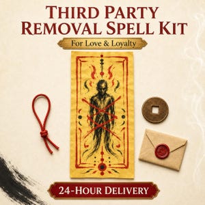 May include: A Third Party Removal Spell Kit featuring a rectangular card with a black and red figure illustration, a red cord loop, a round bronze-colored coin with a square center hole, and a small tan envelope sealed with red wax.