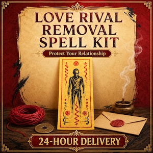 May include: A Love Rival Removal Spell Kit featuring a central yellow paper talisman with a black figure illustration, red string, a round metal coin, a sealed envelope with red wax, and an incense burner with rising smoke on a dark surface.