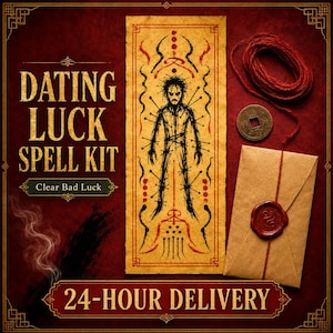 May include: A spell kit featuring a rectangular parchment with a black ink illustration of a figure pierced by needles, a coil of red twine, a round bronze-colored coin with a square center, and a brown envelope sealed with red wax.