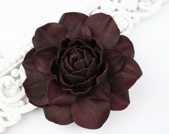 Dark Red Leather Rose Flower Brooch/Hairclip, Leather Rose Pin, Black Flower, Leather Flower, Floral Brooch