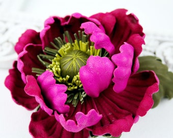 White Pink flower brooch   Large leather flower pin for women