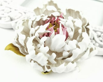 White Pink flower brooch   Large leather flower pin for women
