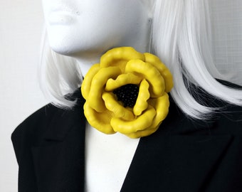 Yellow Leather Camellia (4"/ 9 cm) Floral choker, Real Leather Accessories