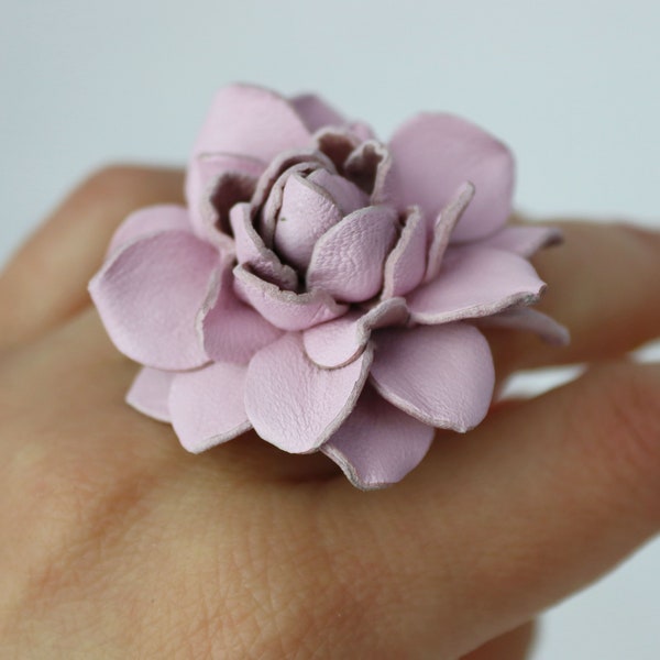 2 '' (5 cm) diameter - Soft Pink Leather Rose Flower Ring, Real Leather Jewelry