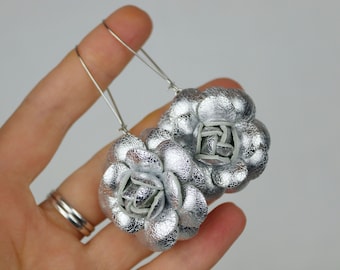 1.5'' Silver Leather Camellia Flower Earrings, Floral earrings
