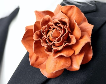 Caramel Brown Leather Rose Brooch: Floral Pin