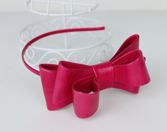 Pink Patent Leather Bow Headband, Genuine Leather Hair Accessories