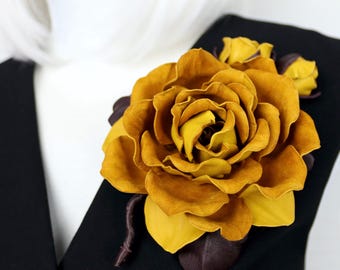 Yellow Leather Flower Brooch – Handmade Floral Pin with Clip