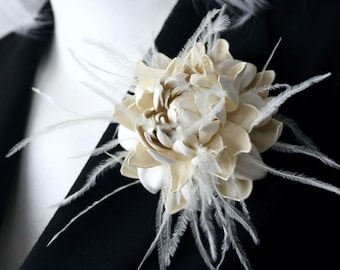 Ivory Leather Dahlia Flower Brooch, Real Leather Flower, Feather Flower Pin