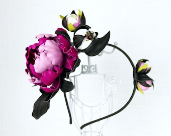 Pink Leather Peonies Headband, Genuine Leather Hair Accessories