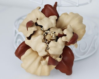 Beige Leather Iris Brooch, Handmade Botanical Floral Pin, Genuine Leather Accessory
