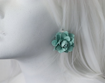 Soft Green Leather Rose Earrings: Floral Dangle Earrings
