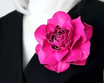 Pink Leather Rose Brooch, Floral Pin, Genuine Leather