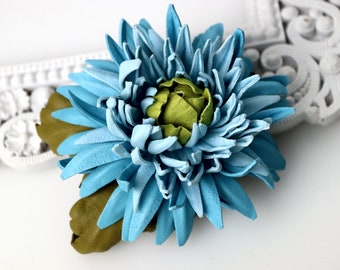 Blue/Green Leather Chrysanthemum Flower Brooch, Real Leather Flower, Floral Pin