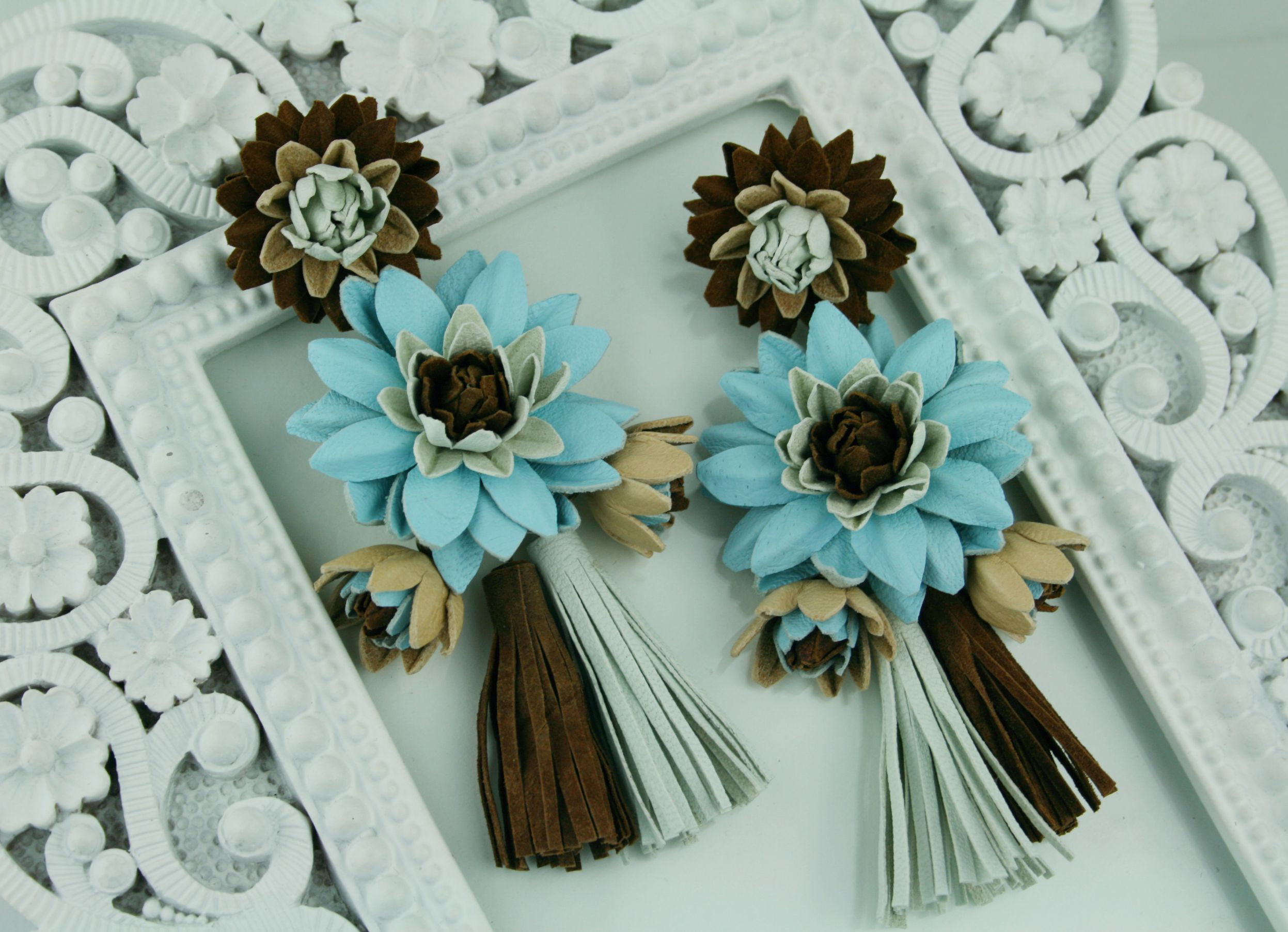 Multicolor (Blue-Beige-Brown-White) leather flower and  tassel earrings