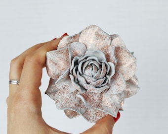 Metallic Leather Rose Brooch: Soft Gold Flower Pin/Hairclip
