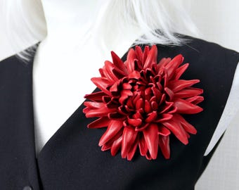 Dark Red Leather Chrysanthemum Brooch: Floral Pin