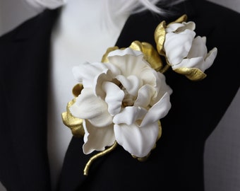 Ivory/Gold Leather Magnolia Flower Brooch, Leather Magnolia Pin/Hairclip, Ivory Flower, Leather Flower, Floral Brunch