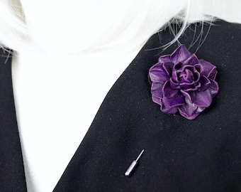 Dark Purple Leather Rose Lapel Pin – Handmade Flower Brooch