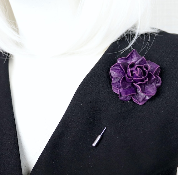 Dark Purple Leather Rose Lapel Pin – Handmade Flower Brooch