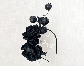 Black Leather Roses Headband, Floral Hair Accesories, Real leather headpiece