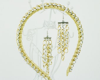 Gold Leather Chain Headband: Silver Chain Earrings Set