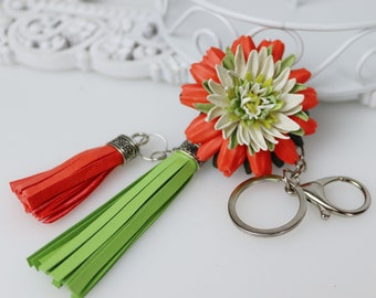 Veelkleurige lederen Dahlia sleutelhanger / portemonnee charme, lederen bloemenaccessoires