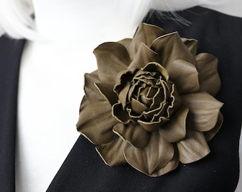Khaki Brown Leather Rose Brooch: Handmade Flower Pin Clip