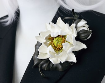 Leather Ivory Water Lily Flower Brooch, Leather Nenuphar Pin/Hairclip,  Leather Flower, Floral Brunch