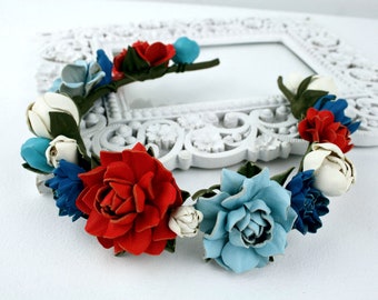 Multicolor Summer Style Floral Leather Headband, Floral Hair Accesories, Real leather headpiece