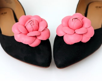 Pink Leather Camellia Flower Shoe Clips (set), Real Leather Shoes Accessories